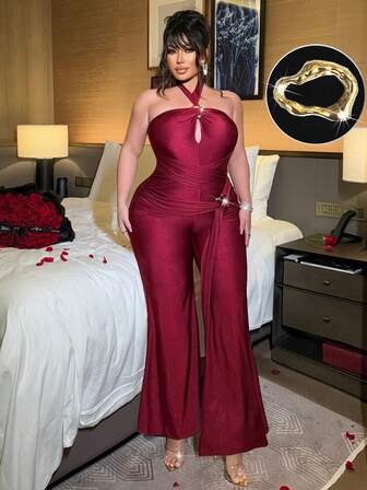 NU&NOW 大码女士性感亮面针织无肩带露背蝴蝶结系带镂空前交叉裹身设计圆领装饰修身喇叭裤，适合音乐会、夜店、时尚外出、夜间约会、度假等场合，百搭长款连体裤