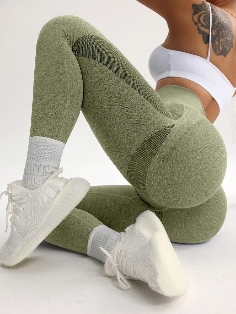 SHEIN Core Rhythm Quần legging cạp cao không đường may dành cho nữ - Quần legging ôm sát, nâng mông, kiểm soát vòng bụng, thích hợp cho chạy bộ, đạp xe, yoga, pickleball, tập thể dục và mặc thường ngày. - xanh quân đội - Xem 1
