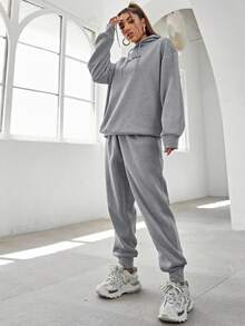 EURMUSE Cotton Slogan Graphic Drop Shoulder Drawstring Hoodie & Sweatpants - Light Grey - View 4
