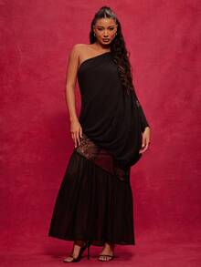 NYA SZN Dress Asymmetrical Off The Shoulder Long Sleeve Loose Bubble Hem Lace Black Flowy Date Modest Luxury Maxi Lenght Outfits For Women - Black - View 2