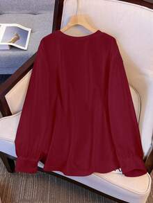 GlowEve CURVE Plus Size Solid Color Crew Neck Casual Sweatshirt - Burgundy - View 2
