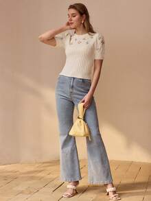 MOTF PREMIUM Áo len nữ tay phồng, thêu hoa, ôm dáng, thích hợp cho mùa xuân/hè. - Màu be - Xem 2