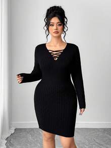 Elenzga Robe pull en tricot ajustée pour femmes grandes tailles en hiver - Noir - Voir 3