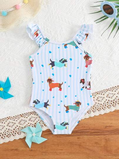 Baby Girls' One-Piece Swimsuit, Cartoon Sports Pattern, Suitable For Spa, Resort, Swimming