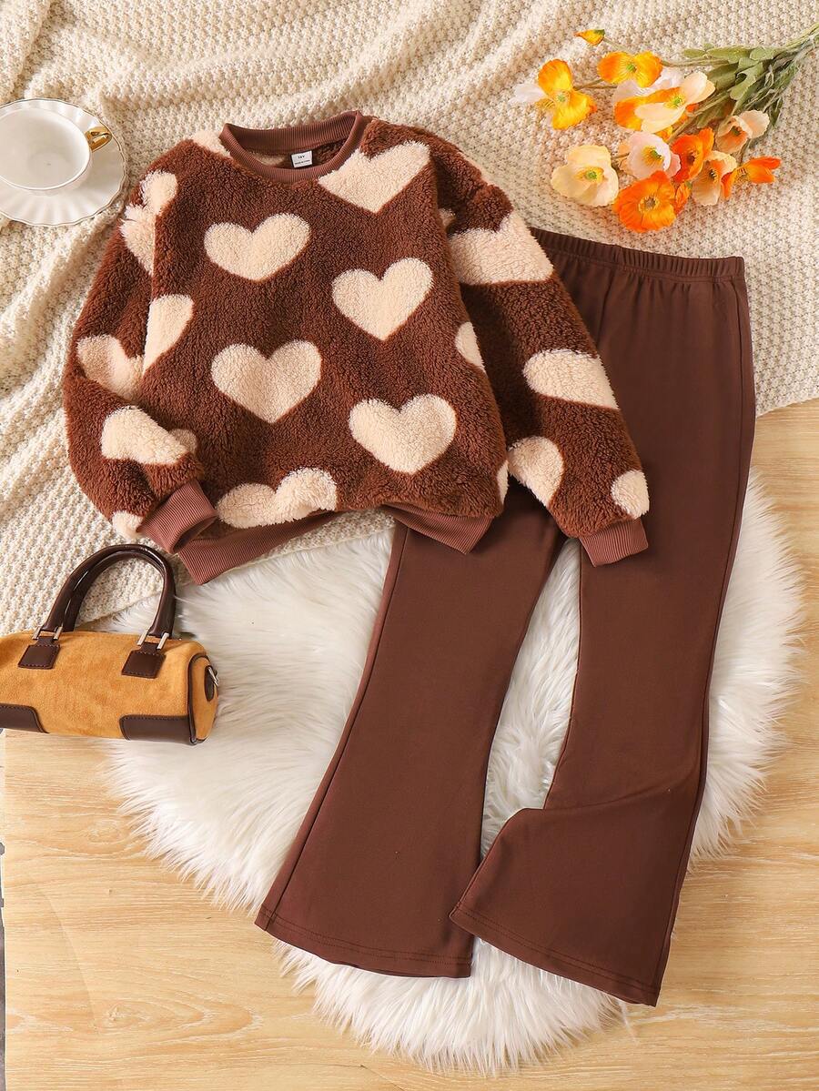 Genkimix Kids 少女可爱爱心图案蓬松长袖圆领上衣搭配黑色喇叭裤T恤套装