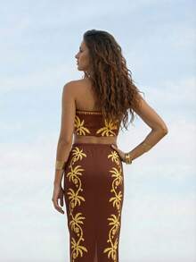 CAJUNI Women's Casual Vacation Tropical Coconut Tree & Banana Leaf Print Strapless Crop Top And Fish Tail Split Hem Skirt 2 Piece Set, Suitable For Dates, Gatherings, Parties, Outings - Coffee Brown - View 2