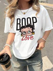 Betty Boop x SHEIN Women Casual Loose Fit Round Neck Short Sleeve T-Shirt, Suitable For Summer - White - View 1