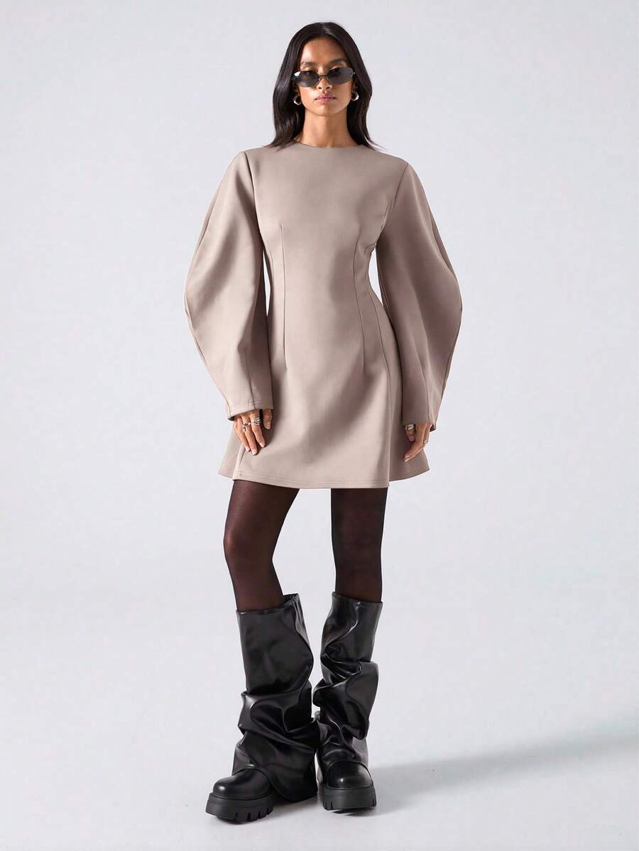 LYSMO Đầm ngắn tay dài màu trơn, kiểu dáng tối giản, thanh lịch dành cho nữ. - Màu Khaki - Xem 1