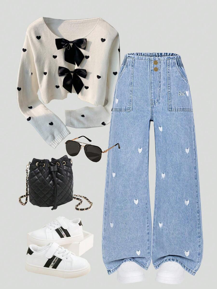SHEIN ChillGRL 少女牛仔裤，爱心刺绣，Y2K风格，浅蓝色，宽松阔腿，面料柔软，适合日常穿着、上学和通勤，四季皆宜 - 中等水洗藍 - 查看 1