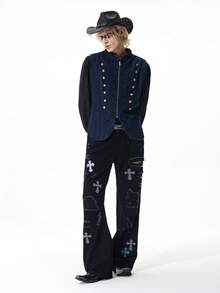 ROMWE MEN Street Life Men's Metal Button Design Zipper Front Casual Denim Vest - Multicolor - View 3