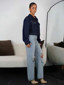 SAYEHFBABY 优质牛仔布对比针牛仔夹克 - 深色水洗藍 - 查看 4