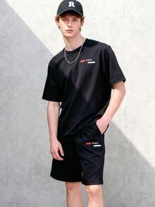 SHEIN 2pcs/Set Teen Boy Casual Loose Fit Round Neck Short Sleeve T-Shirt, Summer - Black - View 1