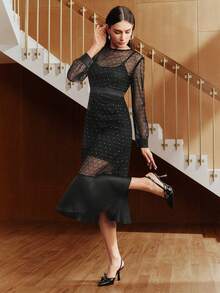 Anewsta Black Elegant Mesh Patchwork Flocked Foil Midi Dress For Women, Spring/Summer - Black - View 3