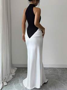 SHEIN Elenzya New Spring/Summer Black & White Color Block Design, Sexy High Slit Cold Shoulder Ruched Fitted Maxi Dress, Elegant For Party, Formal Event, Wedding, Halloween, Christmas, Holiday Vacation