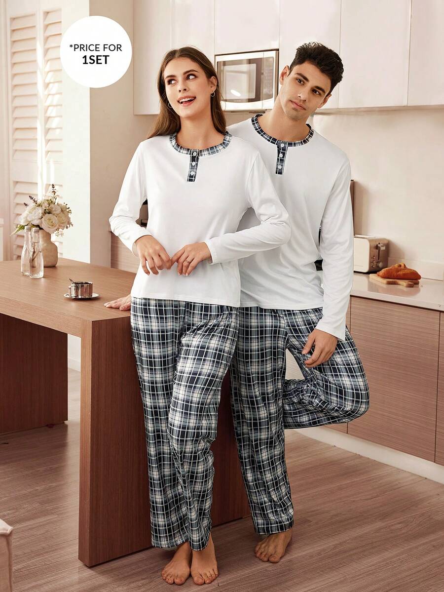 CoupledUp Plaid Print Button-Front Long Sleeve & Pants Men Pajama Set - Multicolor - View 1