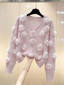 Franclia 女士基本款简约时尚通勤宽松V领浪漫玫瑰针织毛衣