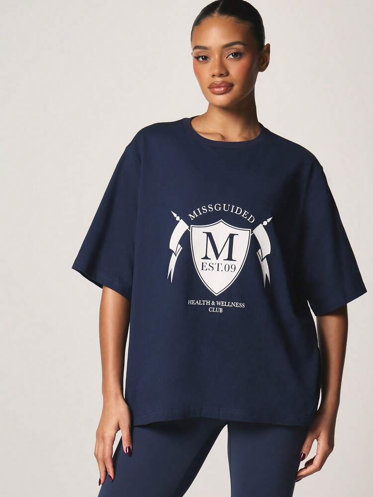 MISSGUIDED Health Wellness Club Oversized Graphic Print Short Sleeve Cotton T-Shirt Round Neckline