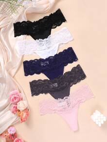 5件/套 女士优雅纯色蕾丝边丁字裤 - 彩色 - 查看 3