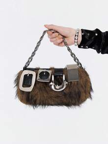 ROMWE Grunge Punk 2000s Style Women  Handbags,Punk Rivet Biker Bags,Metal Chain Bag,Fur Purse ,Autumn & Winter Wallets(Random Pattern) - Brown - View 3