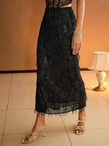 MOTF PREMIUM Falda recta con detalle de flecos de lentejuelas para mujer, para uso en fiestas - Negro - Ver 6