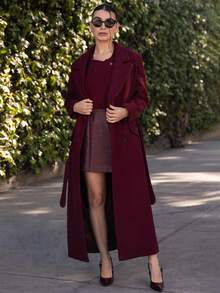 Andrea Bello Damen grauer Midikleid Gürtel Revers Mantel - Bordeaux - Übersicht 6