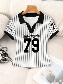 Rovax 女士休闲条纹数字印花短袖上衣，夏季 - 黑與白 - 查看 5