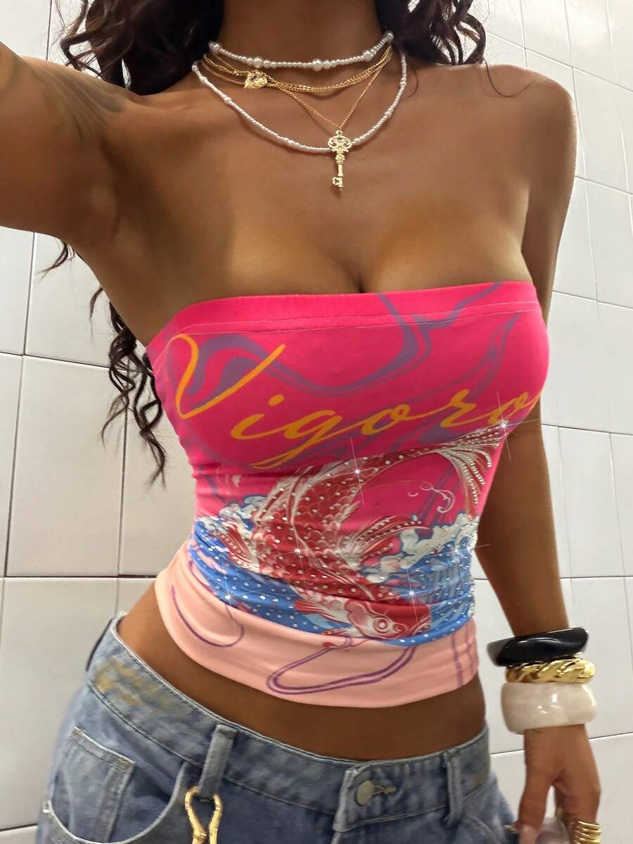 StreetHx 街头风女款宽松鱼尾波浪水钻印花抹胸上衣 - 粉色 - 查看 1