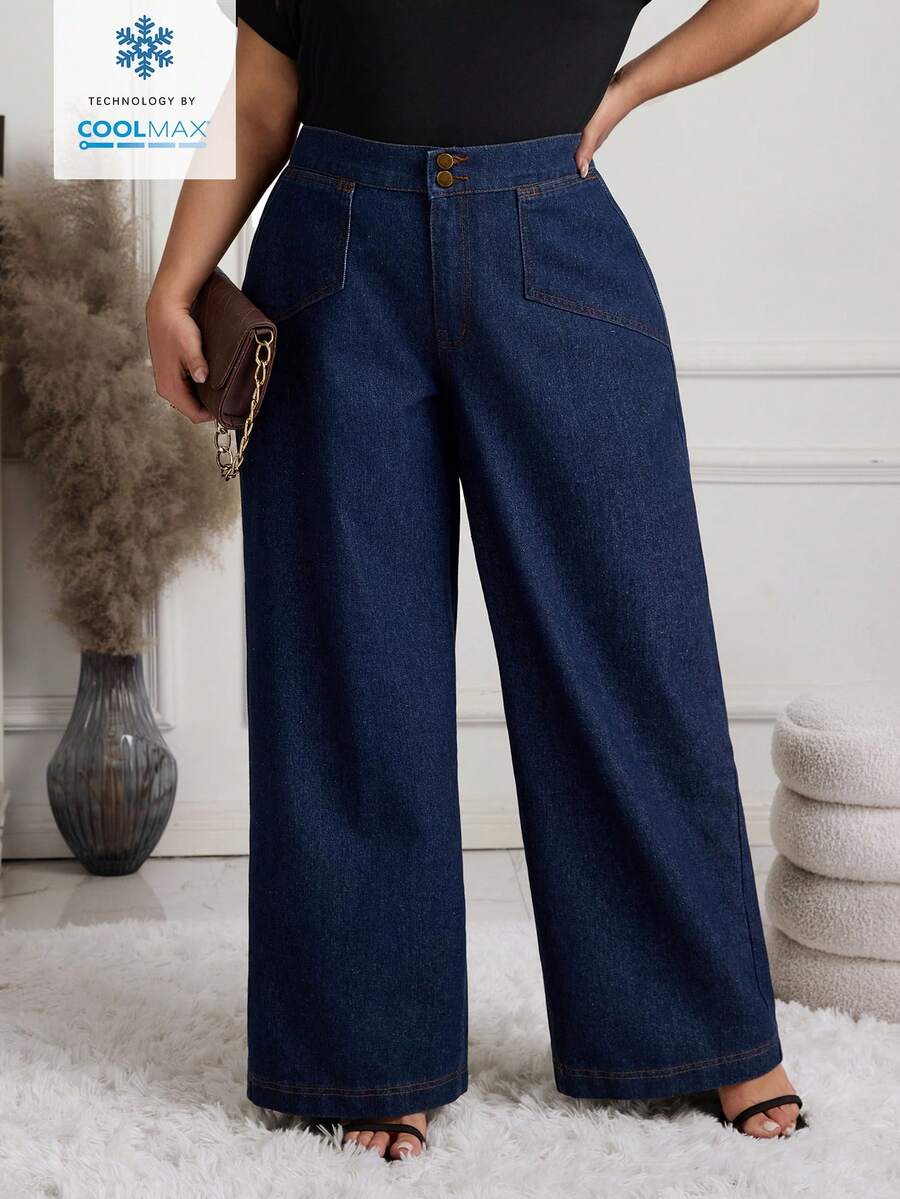 EMERY ROSE Quần jean denim trơn màu dành cho nữ cỡ lớn, kiểu dáng wash, thích hợp cho mùa xuân/hè. - Rửa tối - Xem 1