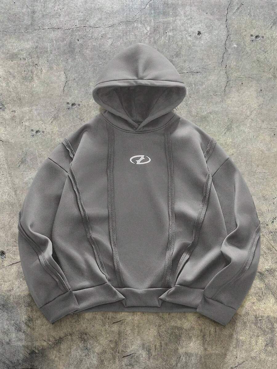 AXEPEAK 男士几何印花宽松休闲连帽卫衣 - 淺灰色 - 查看 1