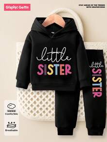 SHEIN Playful Pals 2 件套女婴时尚简约彩色字母印花连帽羊毛衫和字母印花羊毛裤套装，适合秋冬季外出 - 黑色 - 查看 7