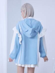 ROMWE Kawaii Subculture Cross Contrast Color Cat Frill Hooded Loose Women Long Sleeve Jacket - Multicolor - View 3