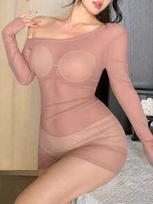 DAZY Sheer Mesh Open Shoulder Bodycon Sexy Nightgown For Going Out - Pink - View 5