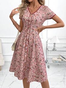 SHEIN Clasi 女士V领粉色碎花弹力腰A字中长连衣裙，撞色滚边，优雅日常穿着，春夏款 - 彩色 - 查看 13