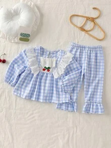 Baby Girls' Fashion Blue & White Patch Elegant Lace Cute Cherry Print Puff Sleeve Long Sleeve Top Paired With Ruffle Hem Pants 2 Piece Pajama Set 2pcs Set Toddler Girls Cute Toddler Sets Baby Clothes Girl Flounce Sleeve Checkered Baby Clothes - Blue and White - View 6