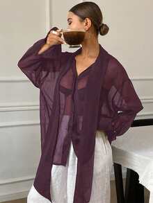 DAZY Áo kiểu nữ dáng rộng, màu trơn, tay dài, chất liệu chiffon, cổ buộc dây, thích hợp mặc mùa hè. - Màu tím - Xem 5