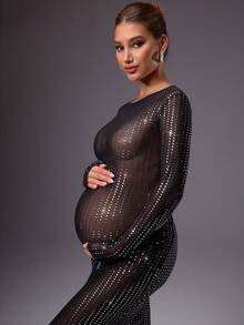 MaterniChic Maternity Clothes Black Sequin Mesh Sheer Fitted Dress,Autumn Elegant Formal Evening Night Out Club Pregnancy Dress For Photoshoot Baby Shower - Black - View 6