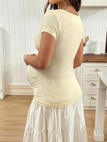 SHEIN Maternity Casual Solid Color Scoop Neck Fitted Short Sleeve T-Shirt, Summer - Yellow - View 2