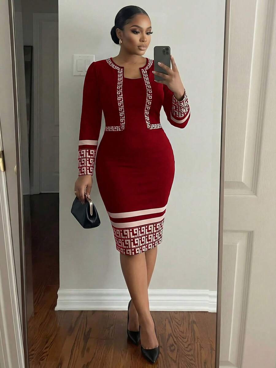 SHEIN Lady CURVE 大码优雅几何印花修身连衣裙，适合通勤穿着。 - 酒紅色 - 查看 1