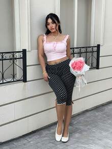 SHEIN EZwear Camiseta Romântica Rosa Transparente com Babados na Barra, Fashion e Versátil para Primavera/Verão, Dia dos Namorados - Rosa chiclete - Visão 3