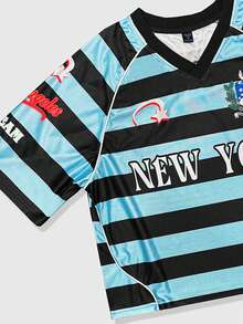 ROMWE MEN 男士休闲条纹字母印花短袖T恤，夏季 - 彩色 - 查看 4