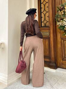 NegzBox Vintage Classic Elegant Women's Pants, Fitted Contrast Trim Pants, Button Closure Trousers, Brown Pants, Autumn/Winter Autumn Clothes Winter Clothes For Women  Brown Pants Business Casual Woman New Year Women's Clothes Brown Pants - Brown - View 2