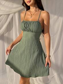 SHEIN EZwear Đầm dệt màu xanh lá cây hở lưng độc quyền dành cho nữ - màu xanh lá - Xem 6
