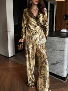 DAZY Floral Print Satin Lace Ruffle Trim Women Pajama Set - Gold - View 3
