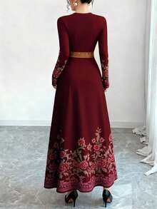 Modelyn 女士春季花卉图案数码印花圆领长袖A字型长连衣裙 - 彩色 - 查看 2