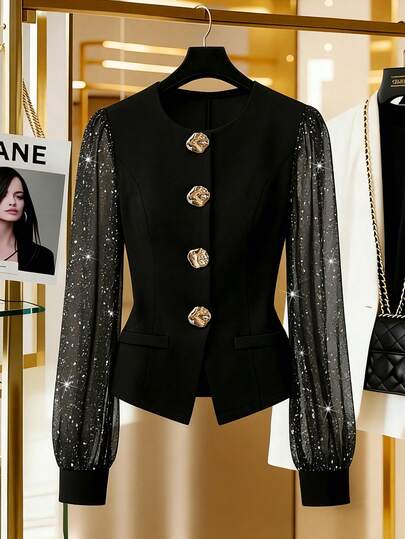 SHEIN Franclia Metallic Splice Sheer Blazer, Slim Fit, Asymmetric Metal Decor, Elegant For Party