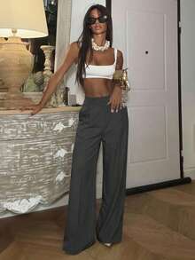 Ronhire 女式高腰直筒褶皱长裤 - 深灰色 - 查看 6