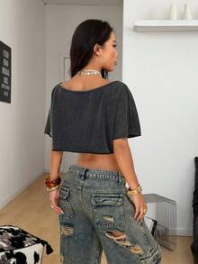 Coolane Áo thun nữ phong cách đường phố, đi chơi, thể thao, thường ngày, in họa tiết, trễ vai, dáng rộng, ngắn màu đỏ. - màu đen - Xem 6