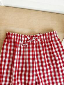 SHEIN 女宝宝休闲度假可爱百搭红白格子弹力腰裤 - 紅色 - 查看 4
