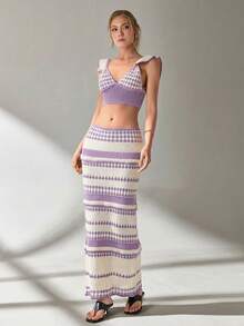 EURMUSE Women Top And Skirt Openwork Sweater Cover Up Set - Lilac Purple - View 4