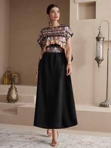 Al Najma Vestido maxi con bordado de lentejuelas y abaya tradicional árabe para mujer - Negro - Ver 3